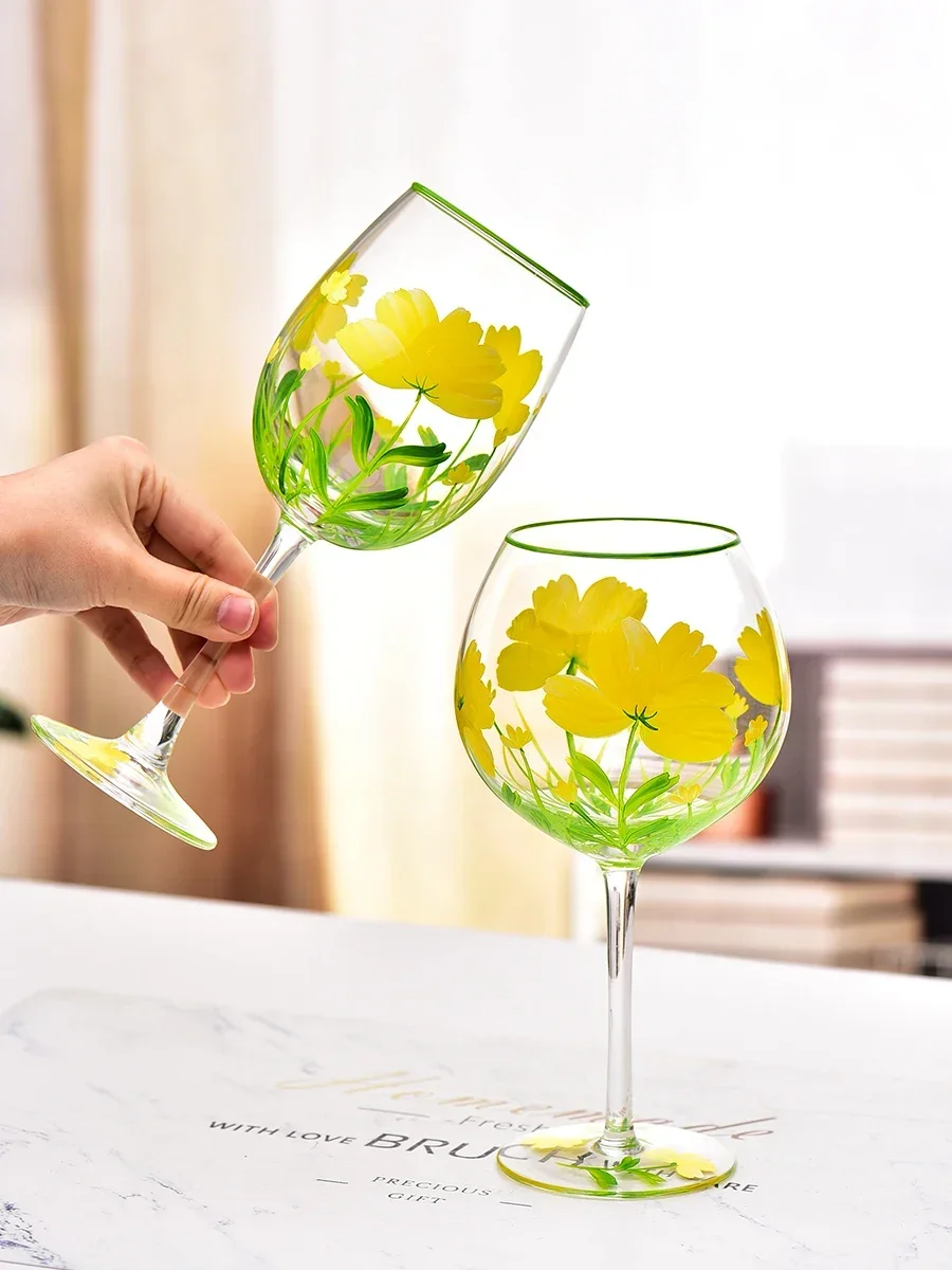 Hand Drawn Flower Patterned Crystal Glass Cup Festival Party Art High Feet Red Wine Cup Family Wine Glass Set of Three Pieces