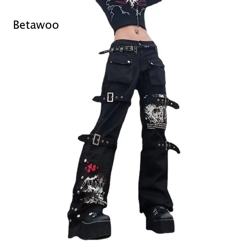 Women's Y2K Gothic Cargo Pants with Buckle Straps and Skull Print, Wide Leg Streetwear Trousers in Multiple Colors