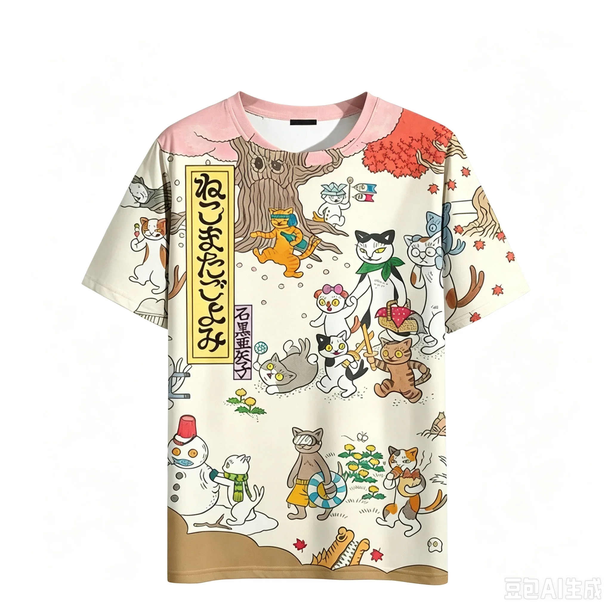 Harajuku Japanese Ukiyo-e Cat Print T Shirt Vintage Kanji Cartoon Kitten Crew Neck Loose Short Sleeve Casual Street Cotton Top