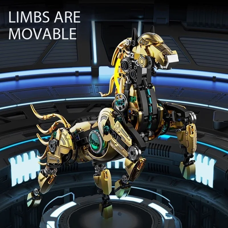 Building block simulation mechanical horse can glow and swing, difficult to assemble building block toy model ornaments for chil