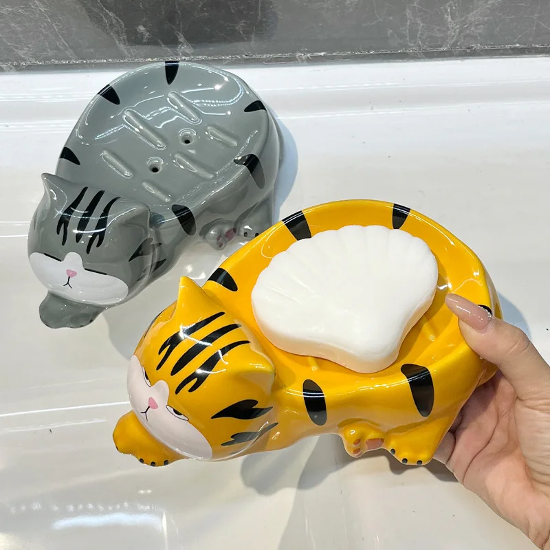 Orange/Gray Cartoon Cute Cat Bathroom Soap Holder with Drain Water Ceramic Soap Box Storage Case Container Bathroom Accessories