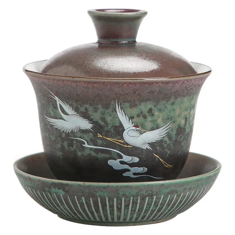 Sancai Tureen Ceramic Kung Fu Tea Creative Crane Home Queen Cup Tea Bowl Sopera De Ceramica Gaiwan Coarse Pottery Tea Set
