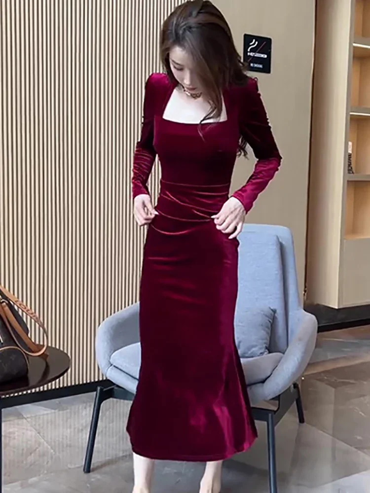 Red Velvet Square Collar Chic Party Vestidos 2024 Women Elegant Festival Evening Dress Autumn Winter Vintage Hepburn Dress Gown