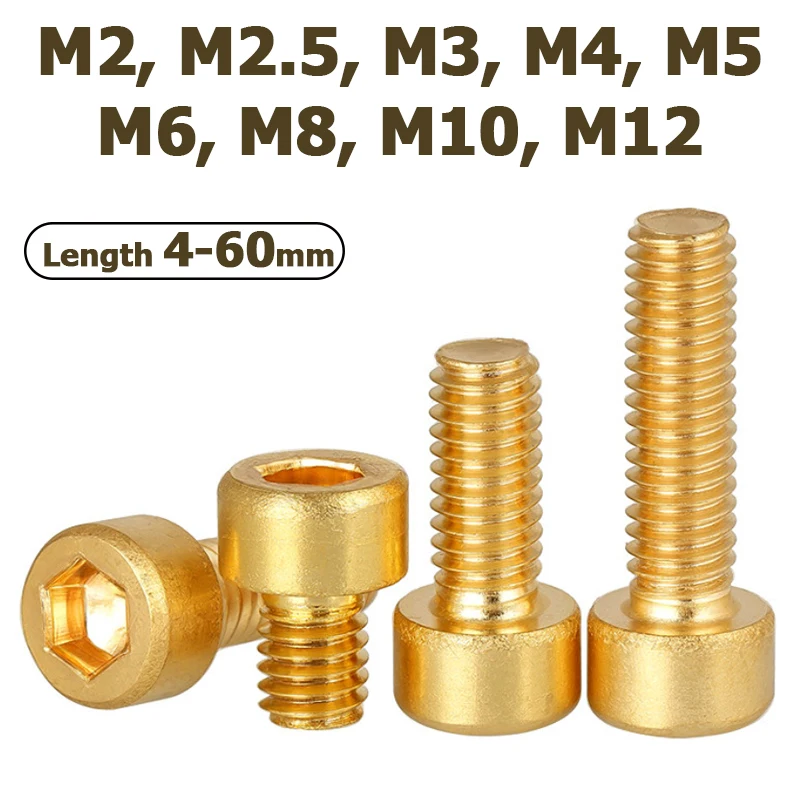 1-50pcs DIN912 M2 M2.5 M3 M4 M5 M6 M8 M10 M12 Brass Hexagon Hex Socket Cap Head Screws Allen Key Head Bolts Pure Copper Screw