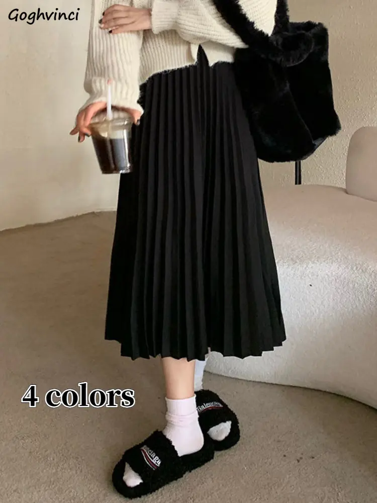 

Pleated Skirts Women Mid-calf Solid Preppy Style Korean Fashion Casual All-match Vintage Chic Baggy Tender Spring College Girls