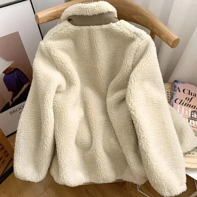 Autumn and Winter Japanese Men\'s and Women\'s Fleece Stand Neck Jacket Couple Zipper Loose Warm Lamb Wool Coat Solid color jacket