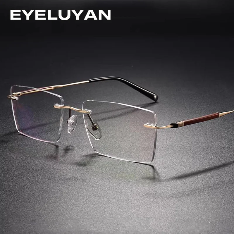 Men Rimless Eyeglasses MR-8 Lens Titanium & Wood Frame Ultra Light Comfortable Business Square Optical Prescription Glasses