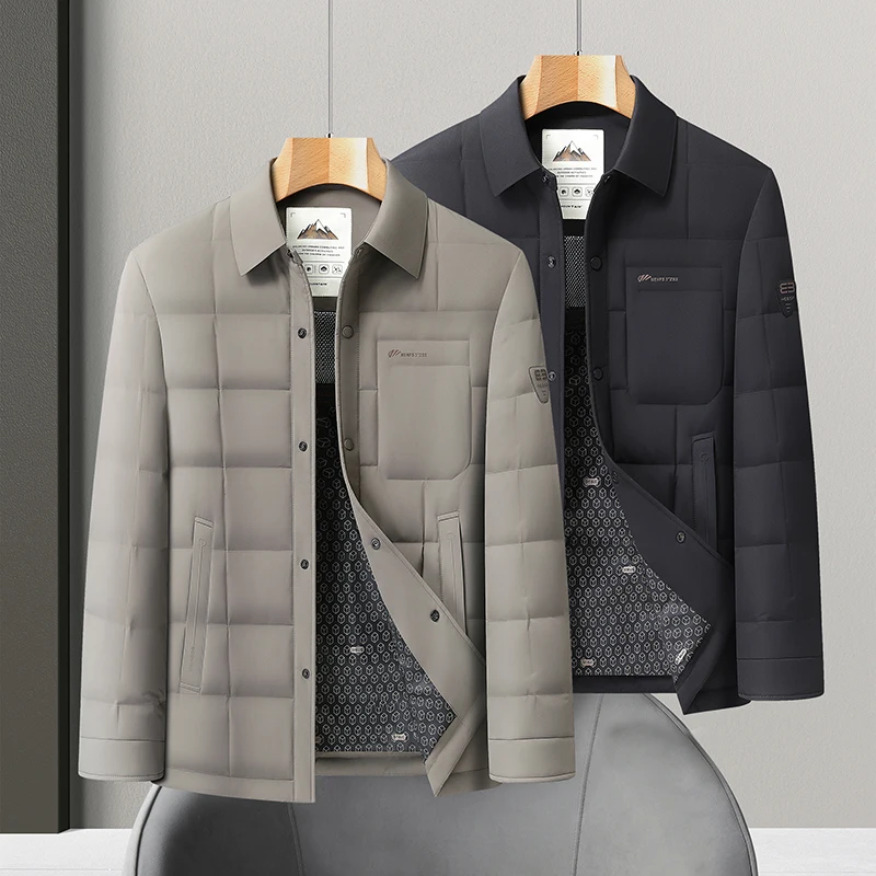 الشتاء الرجال الأسود الكاكي أسفل معطف رفض طوق واحدة الصدر قميص سترة خفيفة الوزن الدافئة الحرارية ملابس خارجية ملابس أنيقة