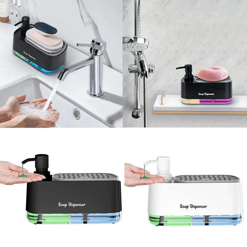 3-in-1 Hand and Dish Soap Dispenser Set with Sponge Holder Dual Countertop Kitchen Sink Soap Pump Organizer