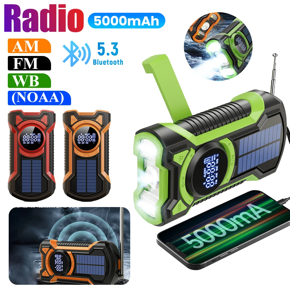 Solar Emergency Weather AM FM WB Radio Waterproof Hand Crank Weather Alert Radio 5000mAh Bluetooth LED Flashlight SOS Alarm