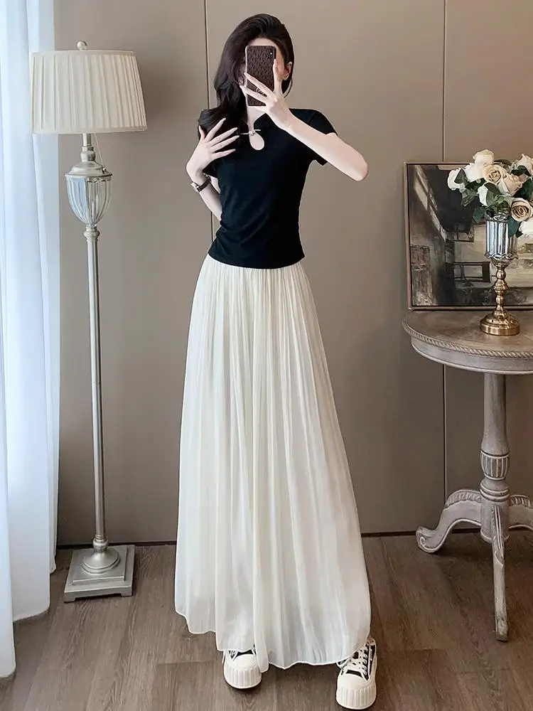 

White Chiffon Wide Leg Half Skirt Women's Summer Slimming Short Sleeve T-Shirt New Chinese Style Two-Piece Set Fashionable En...