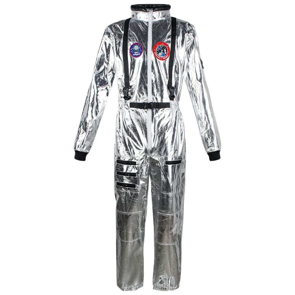 Volwassen astronaut kostuum jumpsuit zilveren ruimtepak voor mannen met geborduurde patches en zakken voor Halloween cosplay feestpak