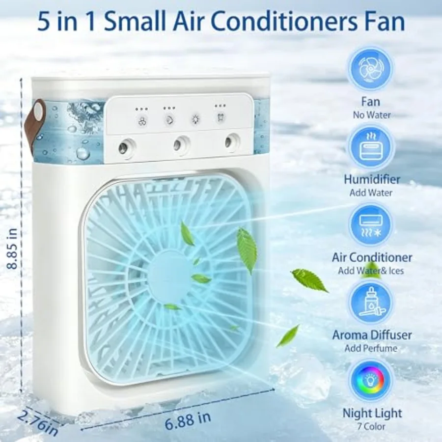 Portable Air Conditioners, 2000mAh Rechargeable Mini Air Cooler Fans, 500ML Personal Portable AC Unit with 3 Speed, 2 Spray, 7