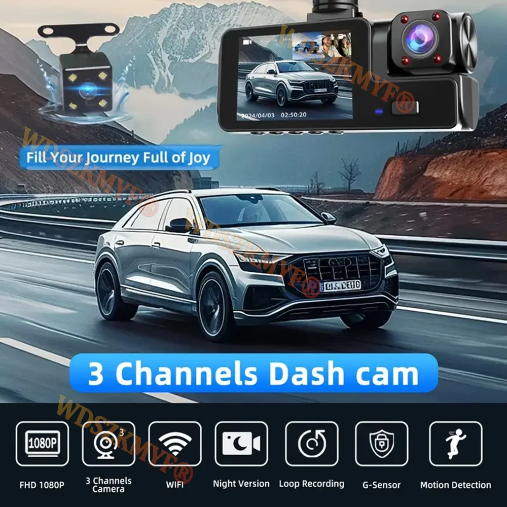 WIFI APP 3 Camera Dash Cam DVR recorder W/ IR Night Vision Loop Recording & 2
