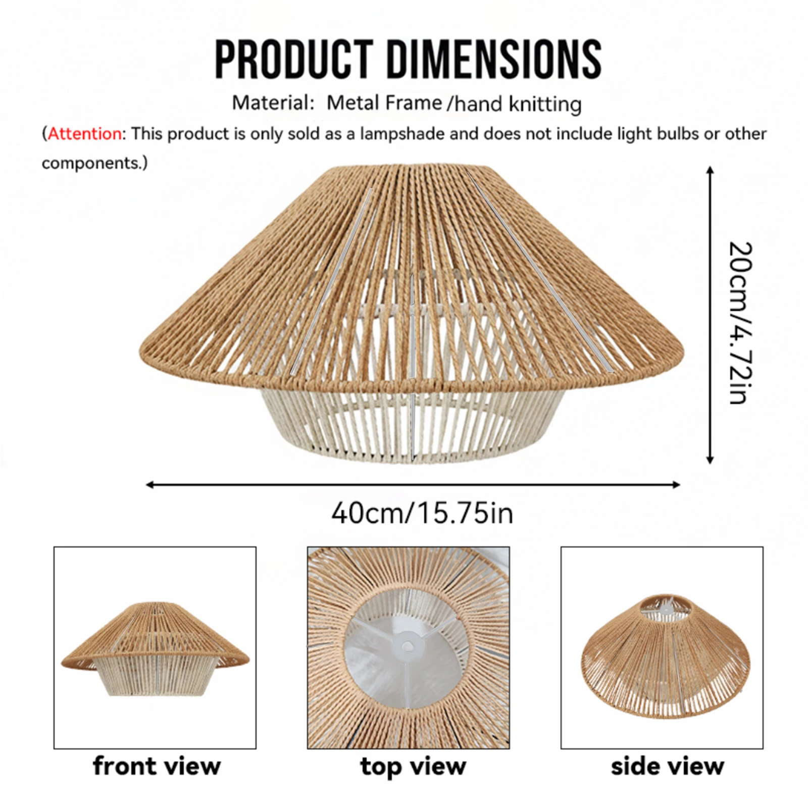 Natural Rattan Umbrella Cone Lamp Shade, Woven Rope Pendant Light Cover for Dining Room Balcony