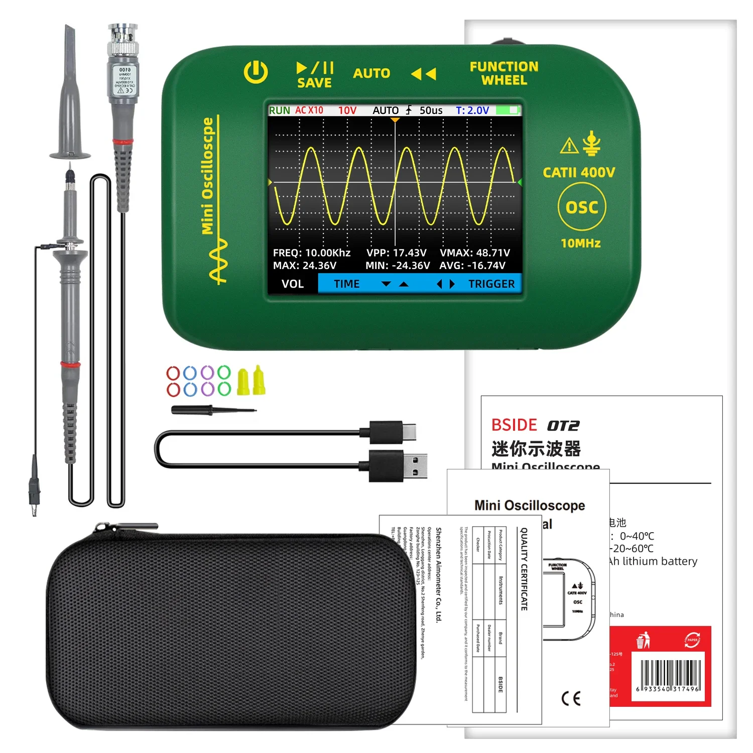 

BSIDE OT2 2 IN 1 Portable Digital Oscilloscope Signal Generator 10MHz 48MSa/s Sampling Rate Electronics Graphic Tester