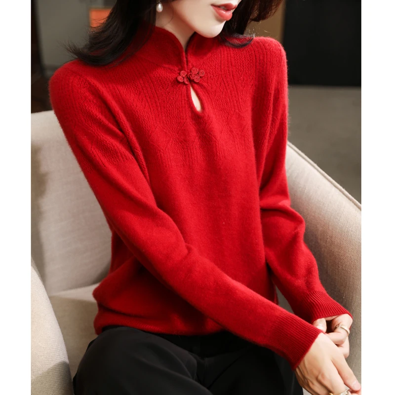 

Autumn and winter new 100% pure woolen sweater women's new Chinese top cheongsam collar sweater loose with wool undercoat