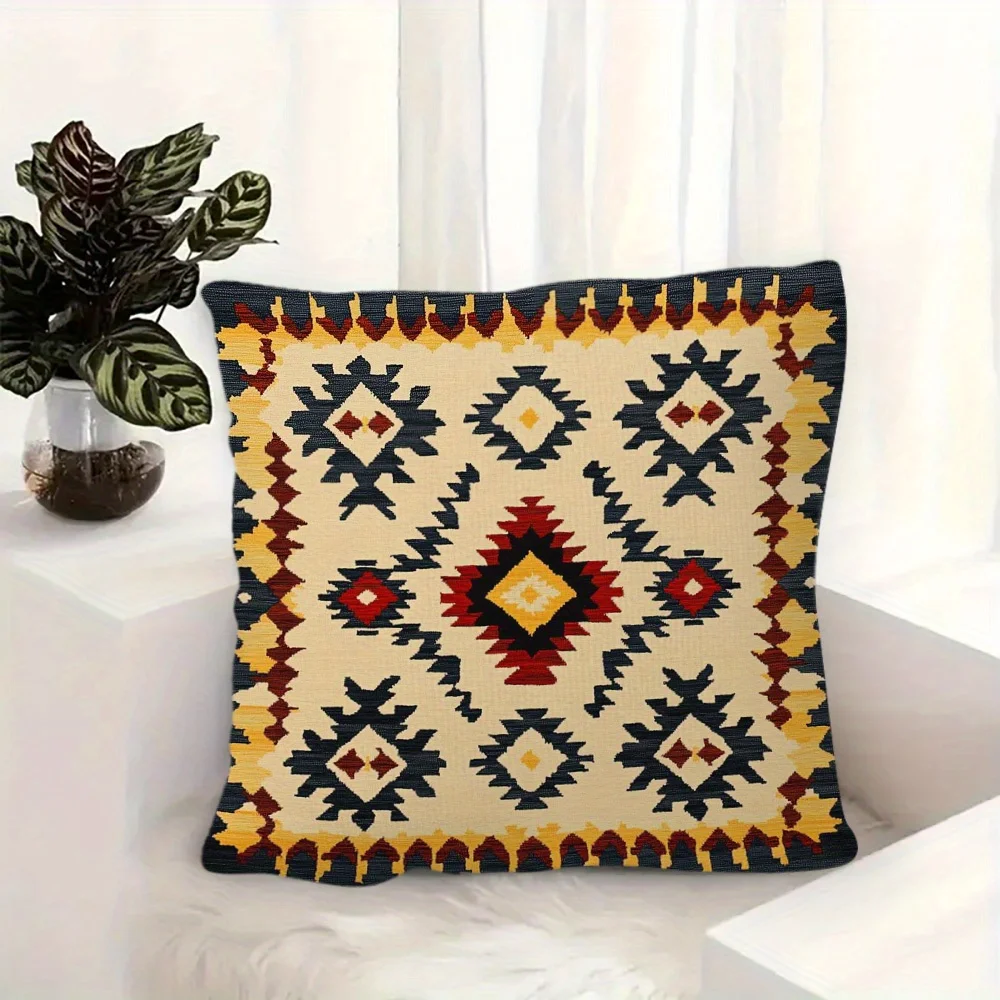 Boho Geometric Pillow Case, Vintage Ethnic Kilim Style Cushion Cover Retro Aztec Pattern Home Decor for Sofa Living Room Bedroom
