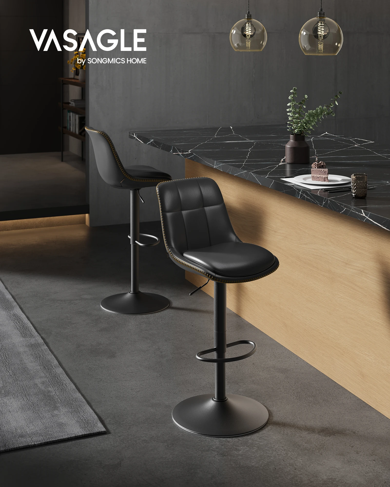 Tabourets de Bar, Lot de 2, Chaise de Cuisine, Siège Pivotant à Hauteur Réglable, Matelassé, en PU, avec Dossier et Repose-Pieds, Salle à Manger, Comptoir, Acier,Noir d'encre/Gris Tourterelle/Marron