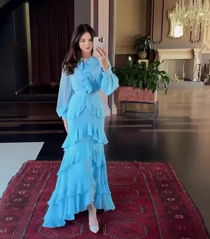 Elegant Solid Layered Ruffle Long Dress Women O Neck Long Sleeve Belt Chiffon Maxi Dress Autumn Wedding Guest Evening Party Robe