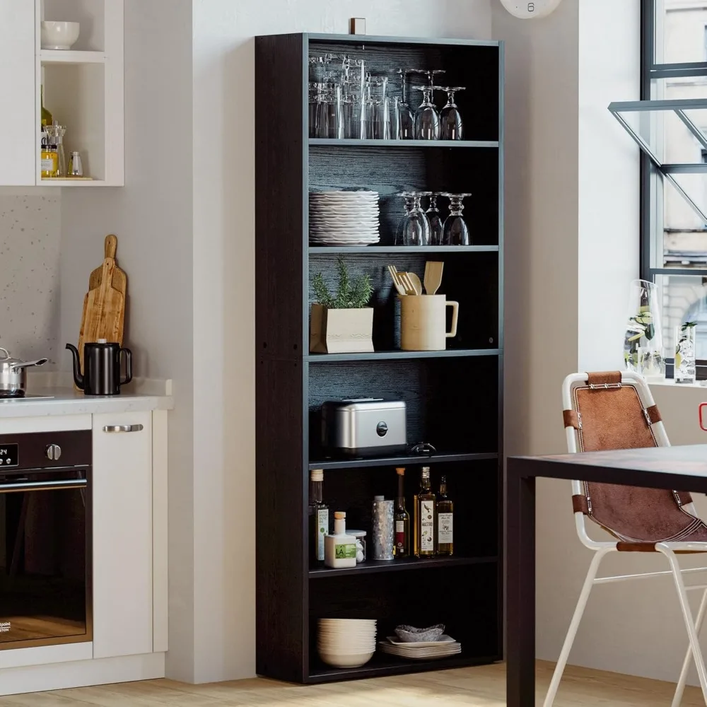 خزانة كتب طويلة مكونة من 6 طبقات للمكتب المنزلي وغرفة المعيشة وغرفة النوم - رف تخزين متين بتصميم ريفي