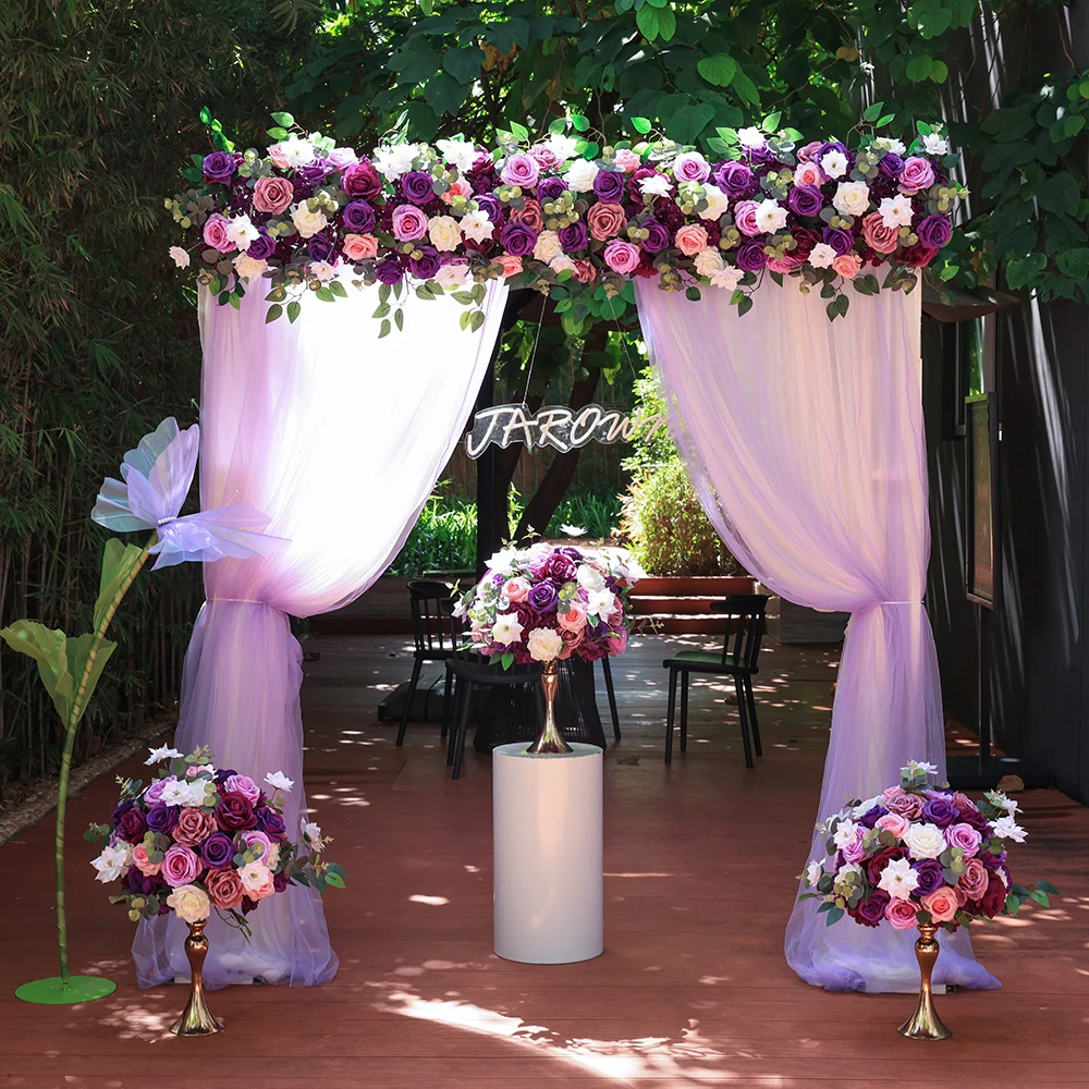 

Stunning Fleurs Artificielles Mariage Backdrop Decoration Custom High Quality Silk Deep Purple Rose Floral Arrangement HY2367