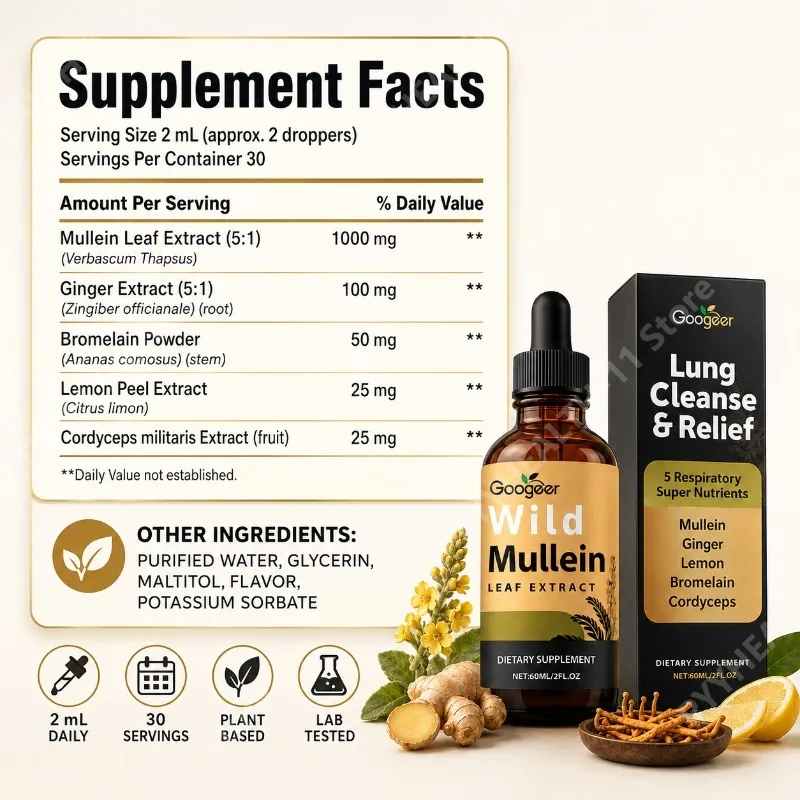 Mullein Liquid Drops Herbal Blend with Ginger Bromelain Lemon Cordyceps Extract Dietary Supplement Daily Wellness Support 60ml