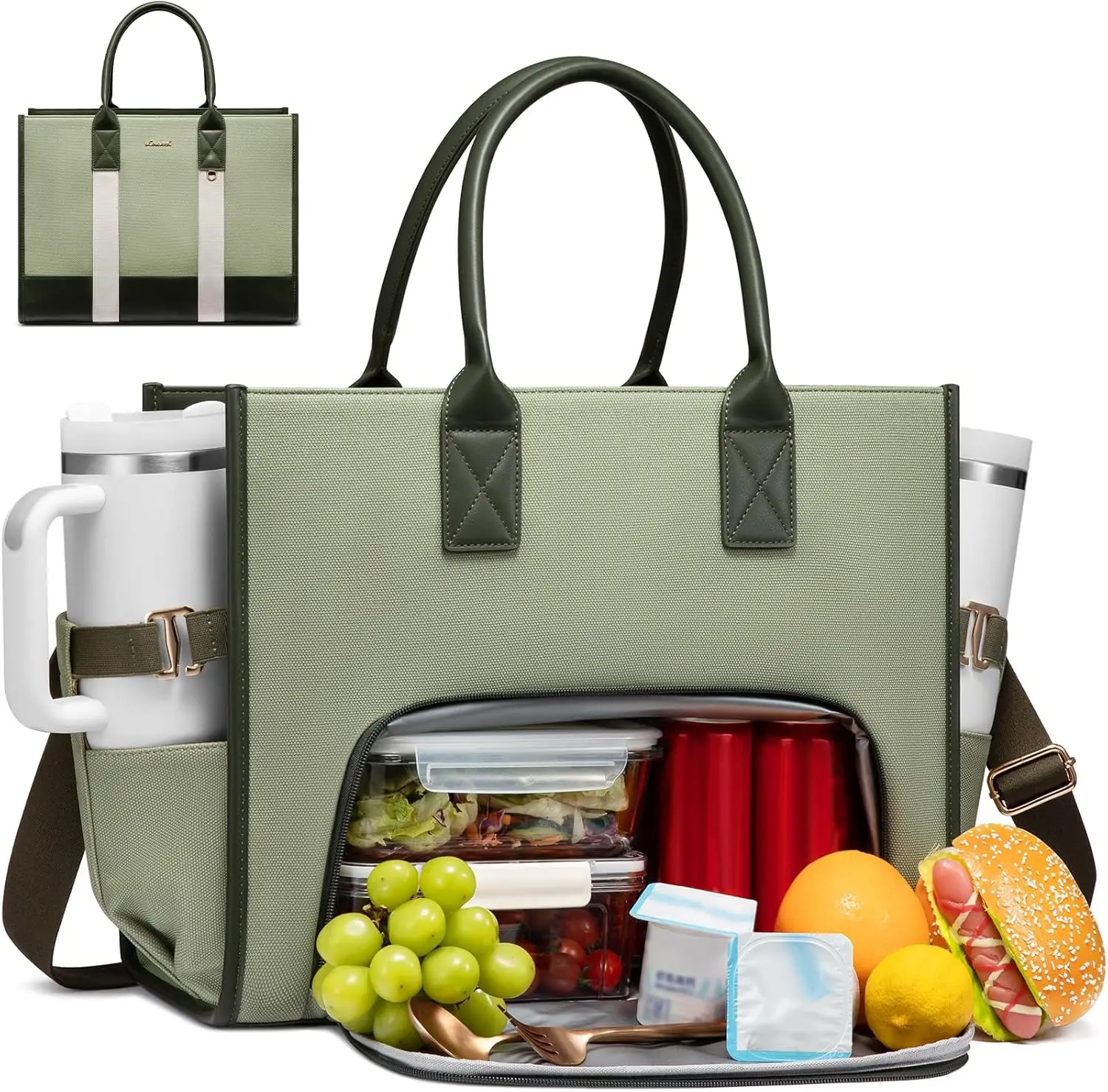 

3-in-1 Work Tote Bag with Lunch Compartment & Giant Tumbler Holder, 15.6" Waterproof Laptop Bag for Women Men, Teacher Nurse Office Travel