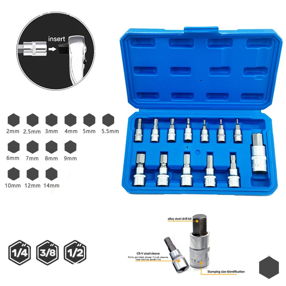 13pcs Hex Socket Adapter Set 1/4 3/8 1/2inch H2-H14 For Impact Drive Wrench For Impact Driver And Ratchet Tools