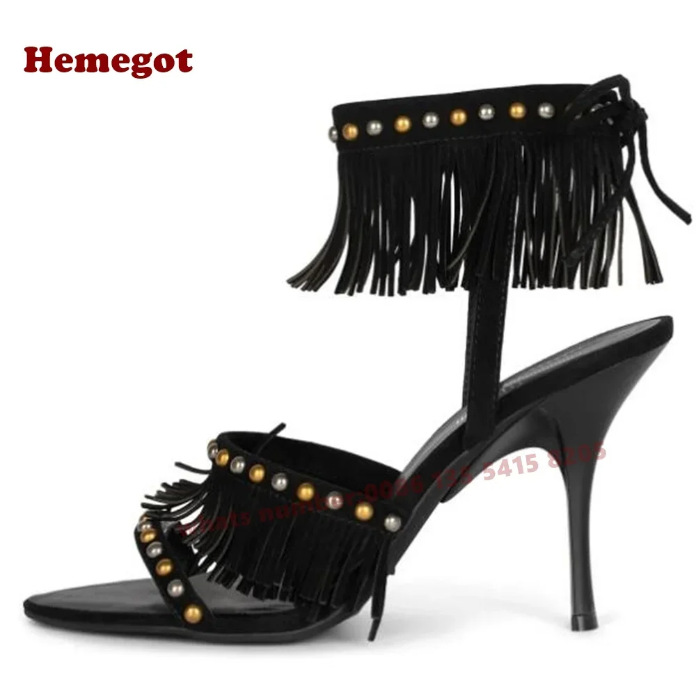 Brown Tassel Rivet Sandals Open Toe Stiletto Heels Women's Sandals Lace Up Fringe Suede Elegant Party Shoes Summer 2025 New Sexy
