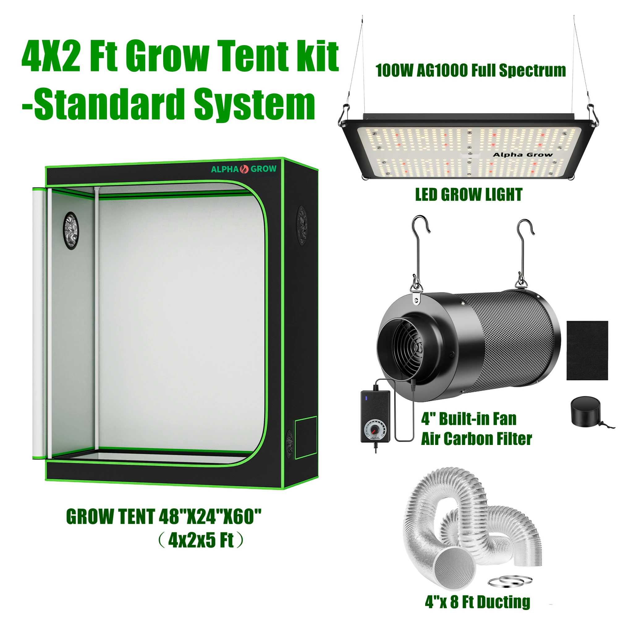

Grow Tent System 4x2, 48"x24"x60"Grow Tent Kit, with Automate Ventilation and Circulation, Full Spectrum 100W LED Grow