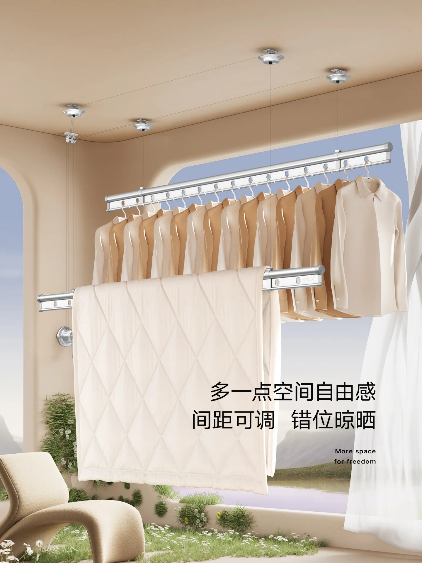 Balcony drying rack lifting hand crank double rod type indoor manual drying rod top installation cool hanger household