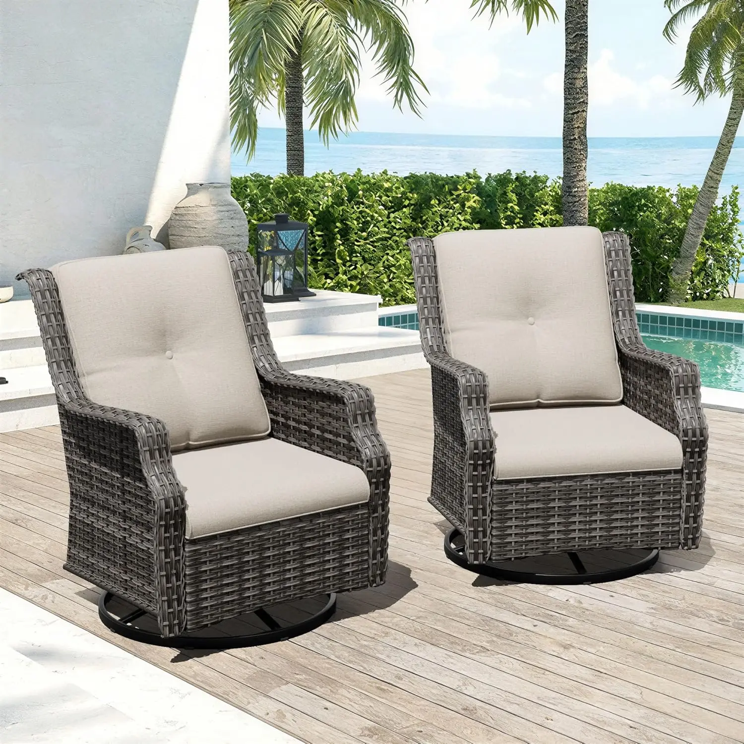 

Swivel Patio Chairs Set Of 2 Wicker With Thick Cushions Curved Armrest Deep Seating For Porch Deck Balcony, Customized