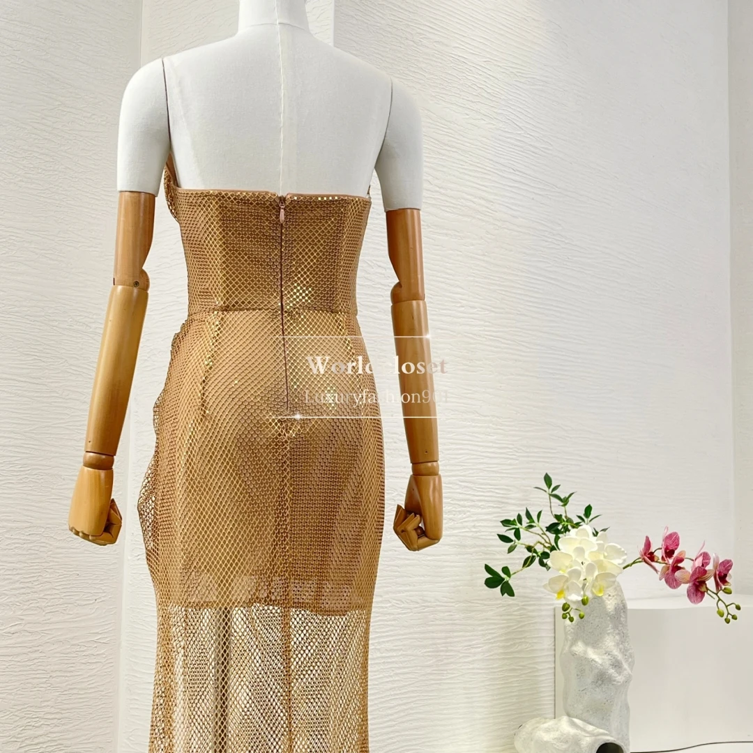 

2025 New Beautiful Camel Mesh Hollow Out Sleeveless See Through Backless Tube Midi Dress