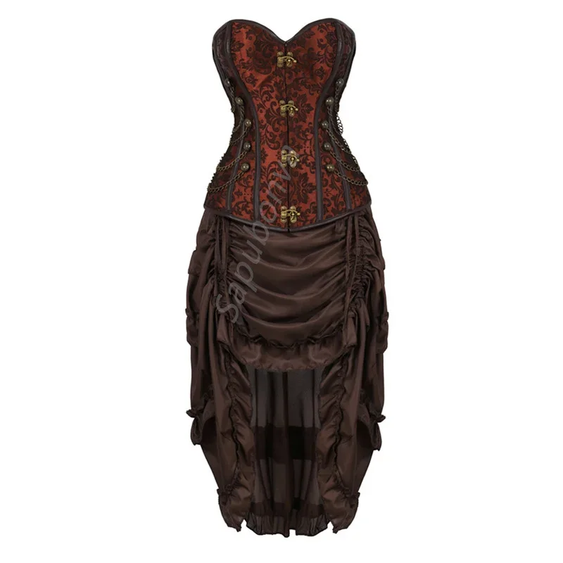 

Sapubonva Steampunk Corset Dress Women Skirt Set Bustier Top Sexy Plus Size Vintage Gothic Punk Burlesque Pirate Costume