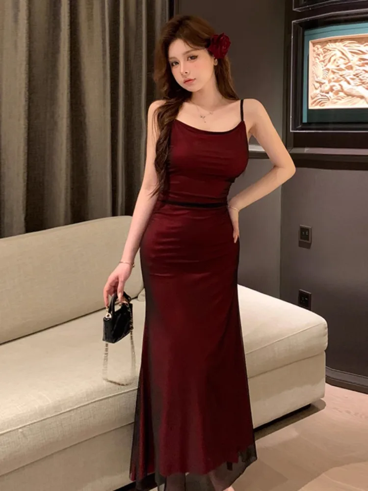 Topenomi Sexy Spicy Girl Mesh Spaghetti Strap Evening Dresses Summer Temperament Waist Slim Fit Long Banquet Party Dress Gown