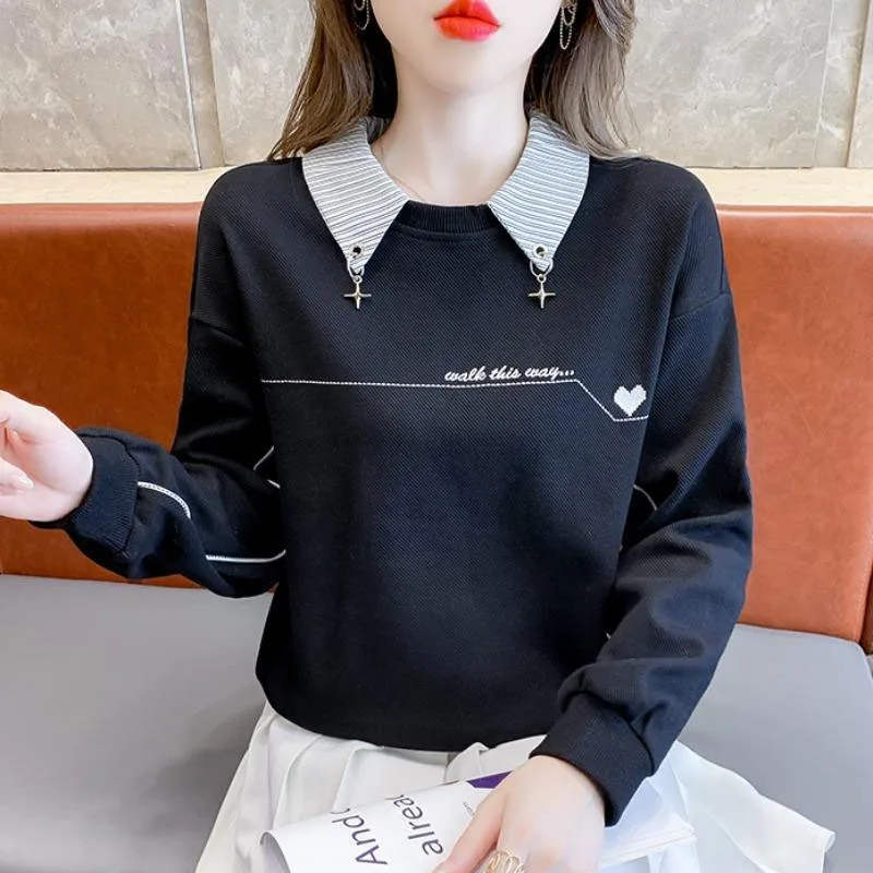 New Spring Fashion Trend Fake Two Piece Design Sense Polo Neck Panel Loose Versatile Slim Style Women\'s Long Sleeve Sweater