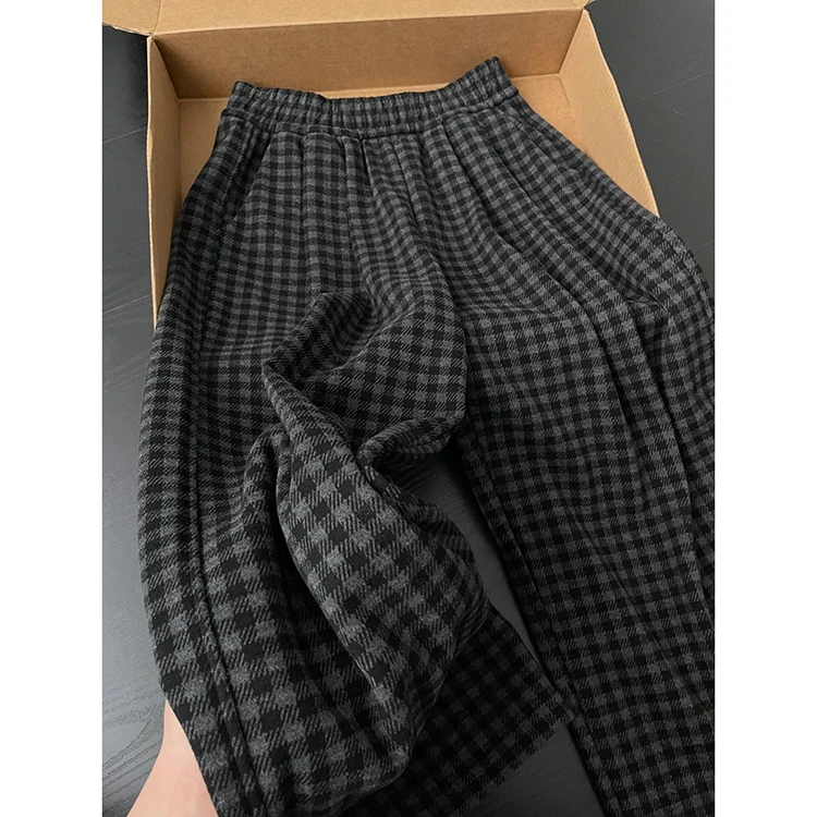 Pantaloni scozzesi in tweed retrò Pantaloni casual larghi a vita alta lunghi fino al pavimento da donna Primavera 2025 New Sle ay Gamba dritta coreana