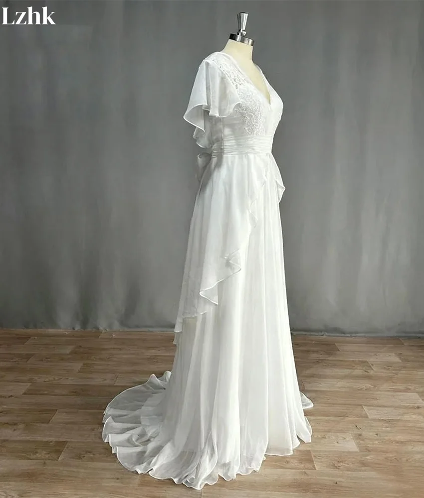 Customized Graceful Chiffon A-Line Lace Ruffles 3D Bow Evening Dress Temperament V-Neck Floor Length Bespoke Occasion Gowns