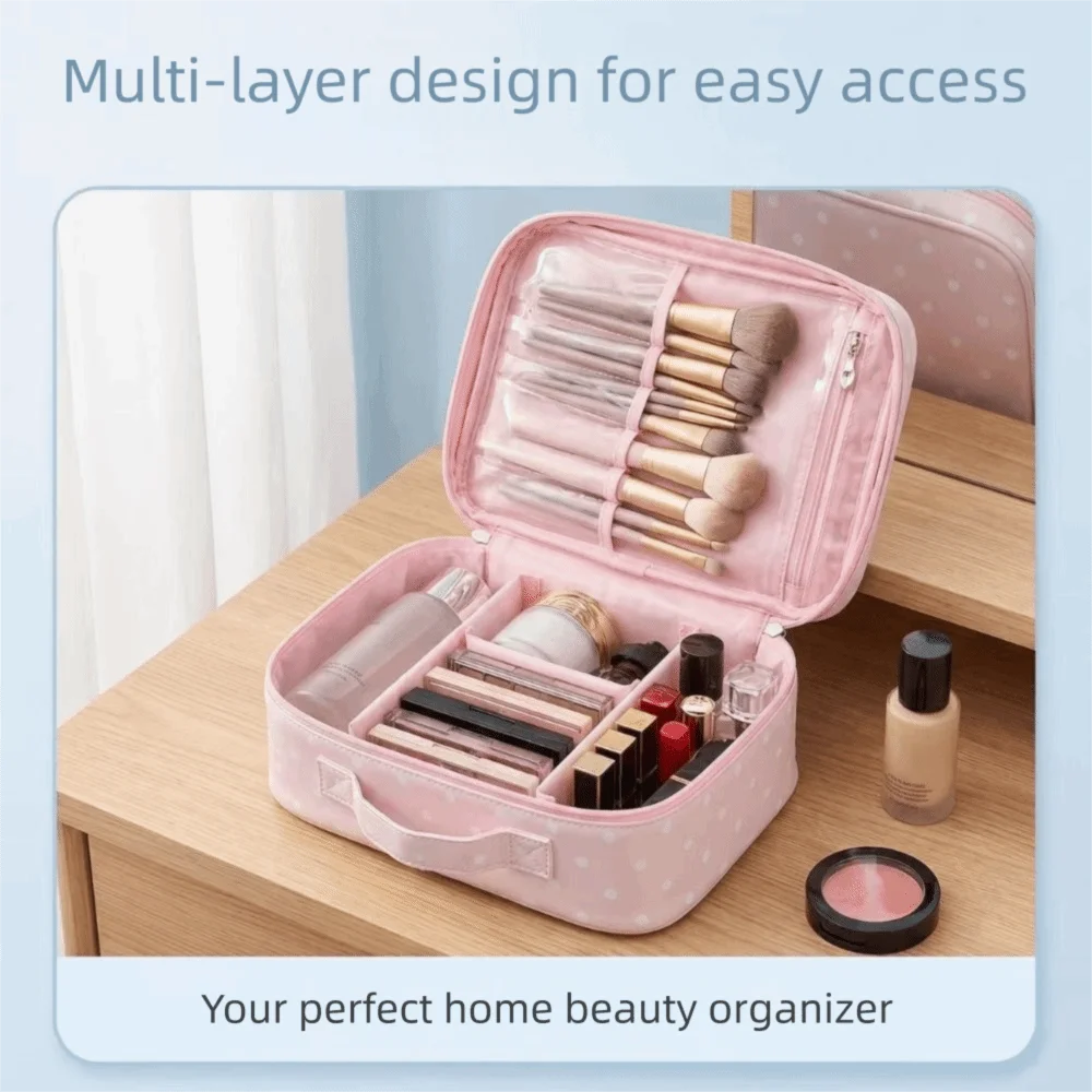 Large Capacity Handheld Makeup Bag PU Leather Polka Dot Cosmetics Handbag Sturdy Handle Waterproof Travel Wash Pack