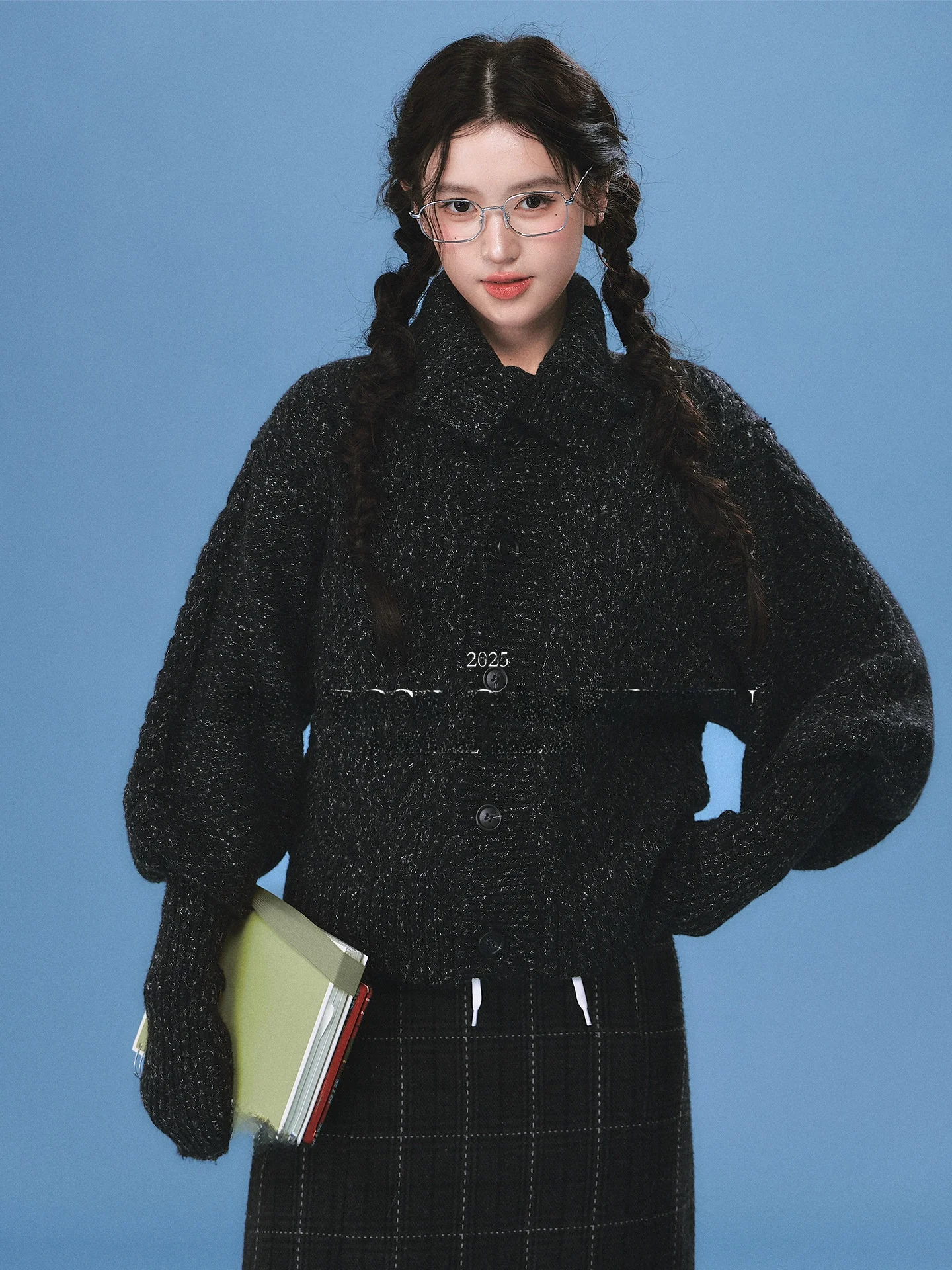 

OIOI E Women's Bla High Collar Sweater Cardigan Slimming Long Sve ort Coat Vintage Sle Winter Faion