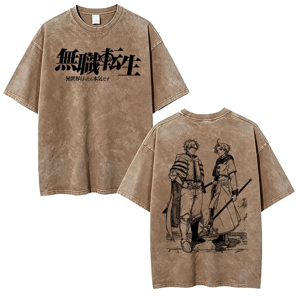 Anime Mushoku Tensei Jobless Reincarnation Rudeus Greyrat Paul Greyrat Vintage Washed T-Shirt Herren Damen Mode Casual T-Shirt – Detail 2