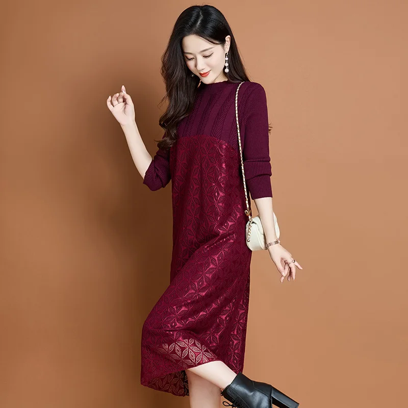 New Luxury  Women's Lace Sweater Dress 2024 Autumn Slim Elastic Knit Dress Elegant Ladies Lace Patchwork Long Sweaters