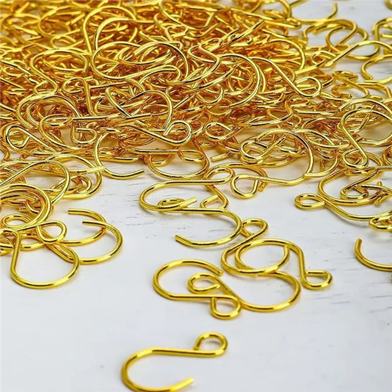 AT19-S-Shaped Hooks Golden Mini Jewelry Stainless Steel Small Wire Hanger 600Pcs DIY Chandelier Christmas Tree Decor