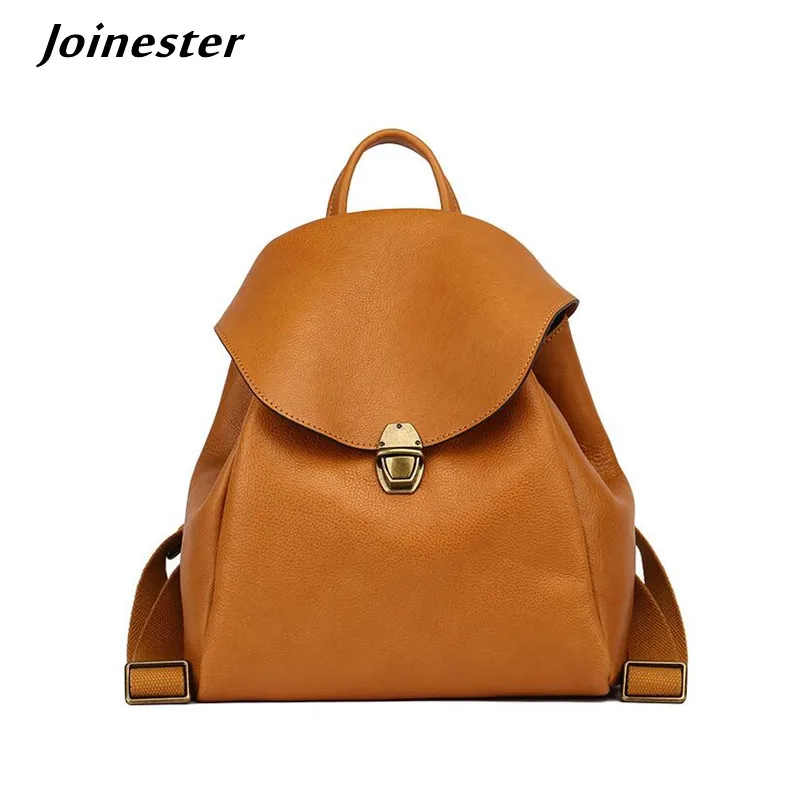 Genuine Leather Women Backpack Pure Color Fashion Medium Female Bag Vintage Casual Travel Rucksack Soft Handle Satchel Tote