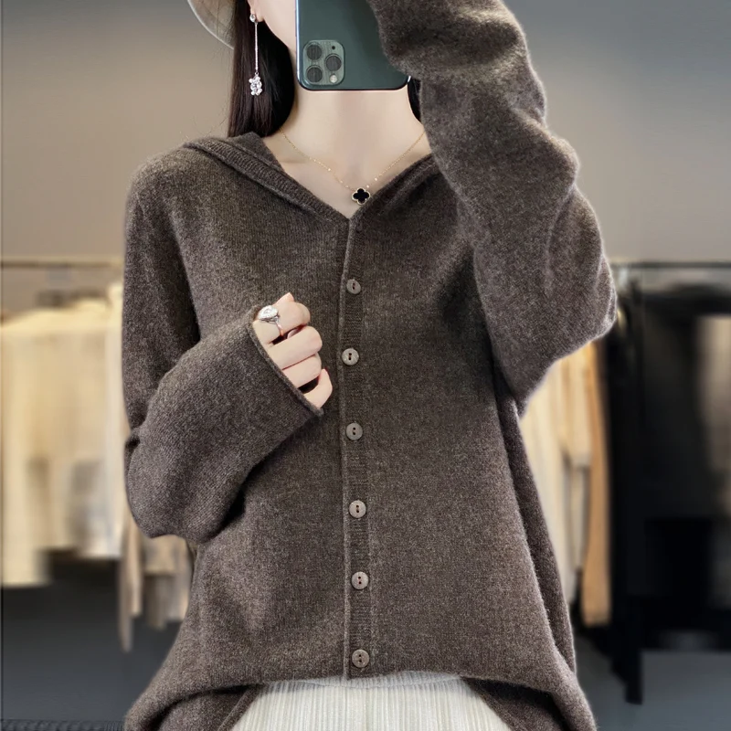 100% Pure Wool Knit Hooded Hoodie Autumn Women\'s Cardigan 2023 Autumn and Winter New Outer Tower Jacket Loose Large Size Top