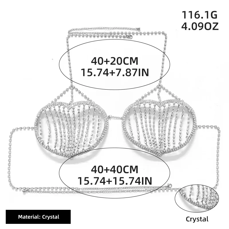 Perhiasan rantai tubuh wanita, perhiasan rantai dada berlian imitasi penuh gaya Hip Hop rumbai bentuk hati unik