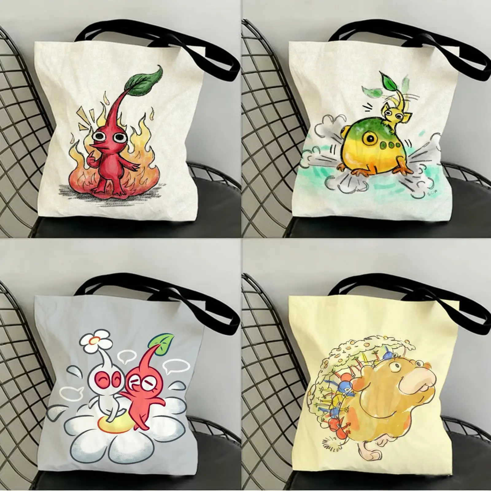 

Cartoon Cute P-Pikmin Storage Bags Canvas Double-Sided Print Fashion Shoulder Tote Shopping Bag Gift Eco Handbags