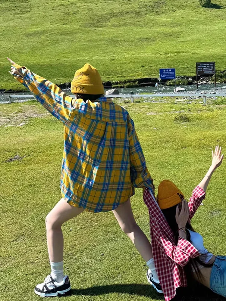 

Loose Long Sve irt Women's Plaid Patchwork Autumn Faion Small Size Casual Couple's Outerwear Cleanfit Polyester Fiber