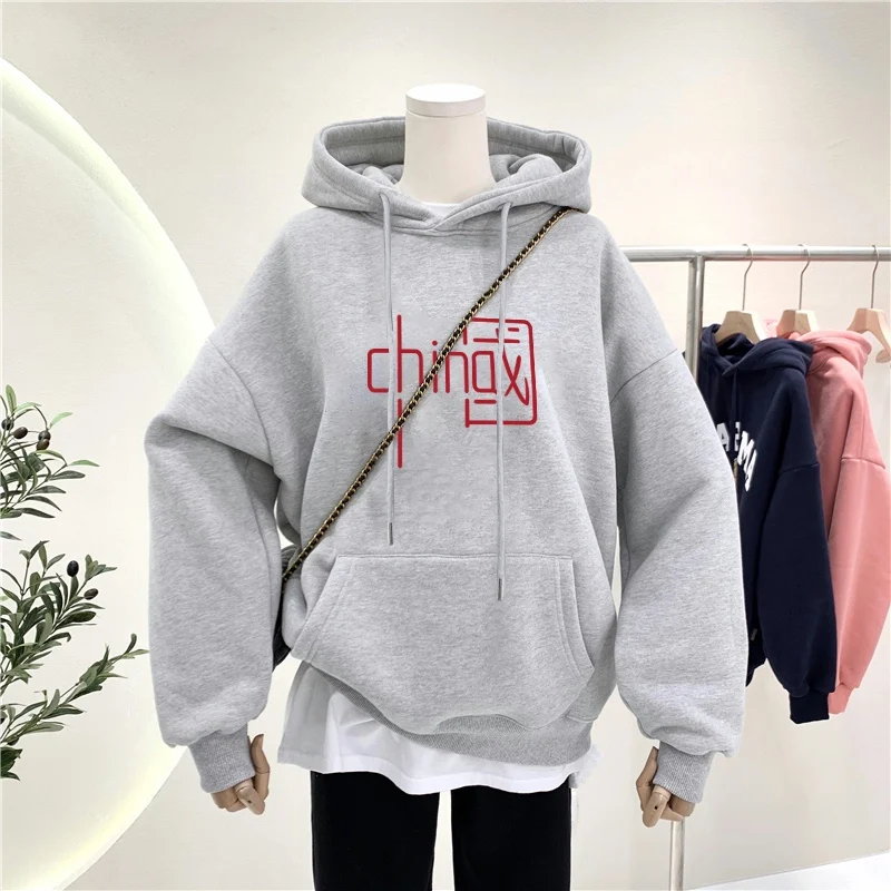 

Женская толстовка с длинным рукавом, осенне-зимняя, флисовая, корейская, свободного кроя, серая, парная, модная, с принтом INS, повседневная, из полиэстера